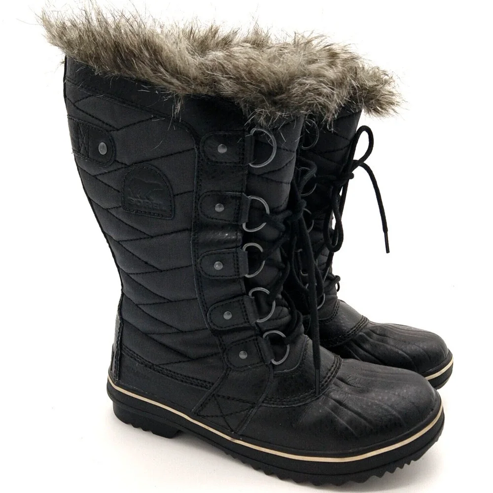 Sorel Tofino II Boots Size 7 Faux Fur Lined Waterproof Black Quilted Lace Up